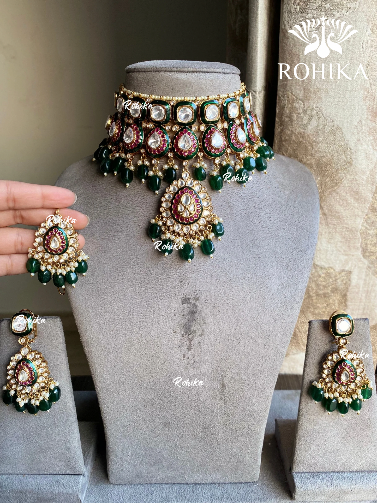 Varsha meenakari polki kundan choker set - Dark Green