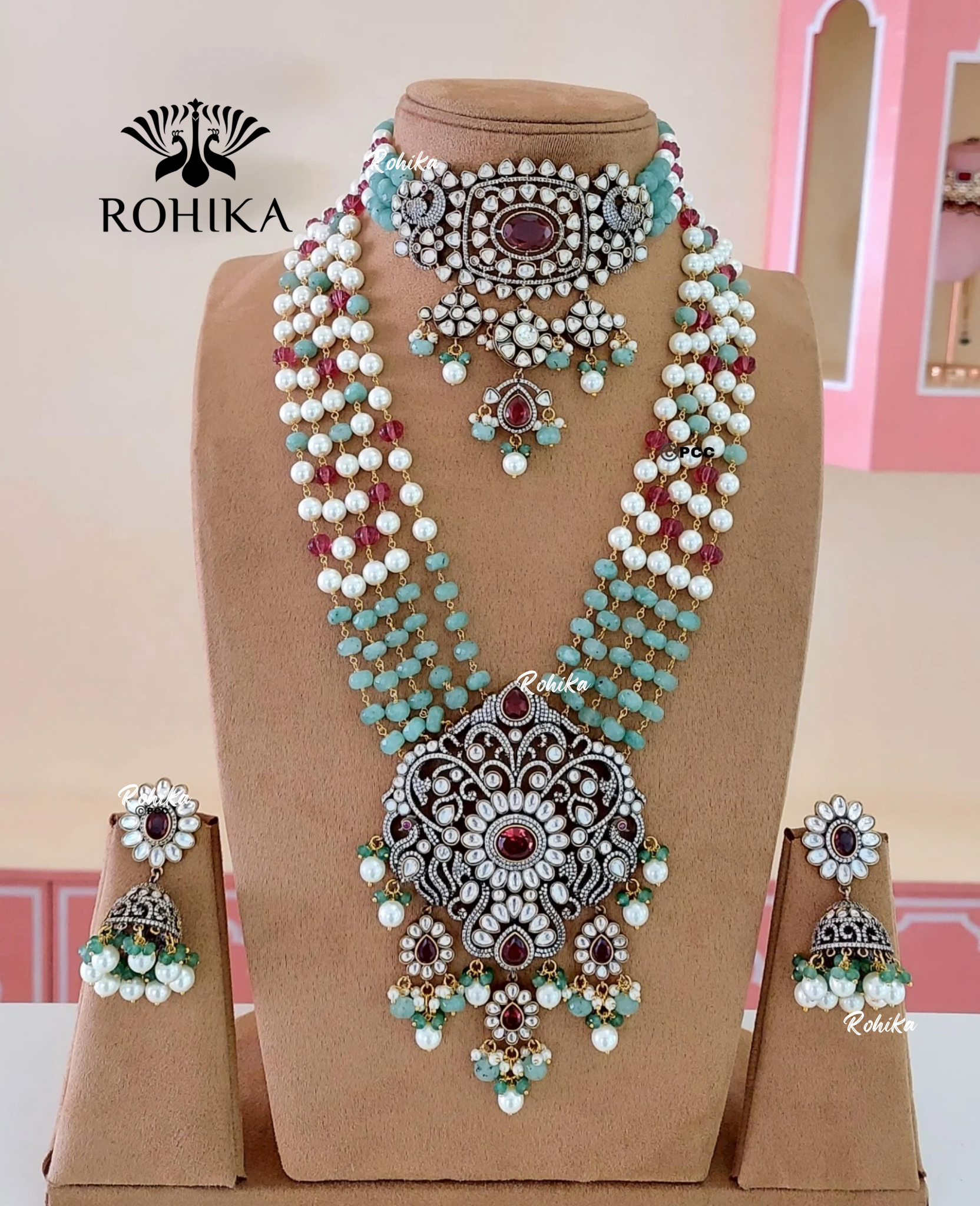 Miu meenakari kundan choker & long necklace set - Mint green