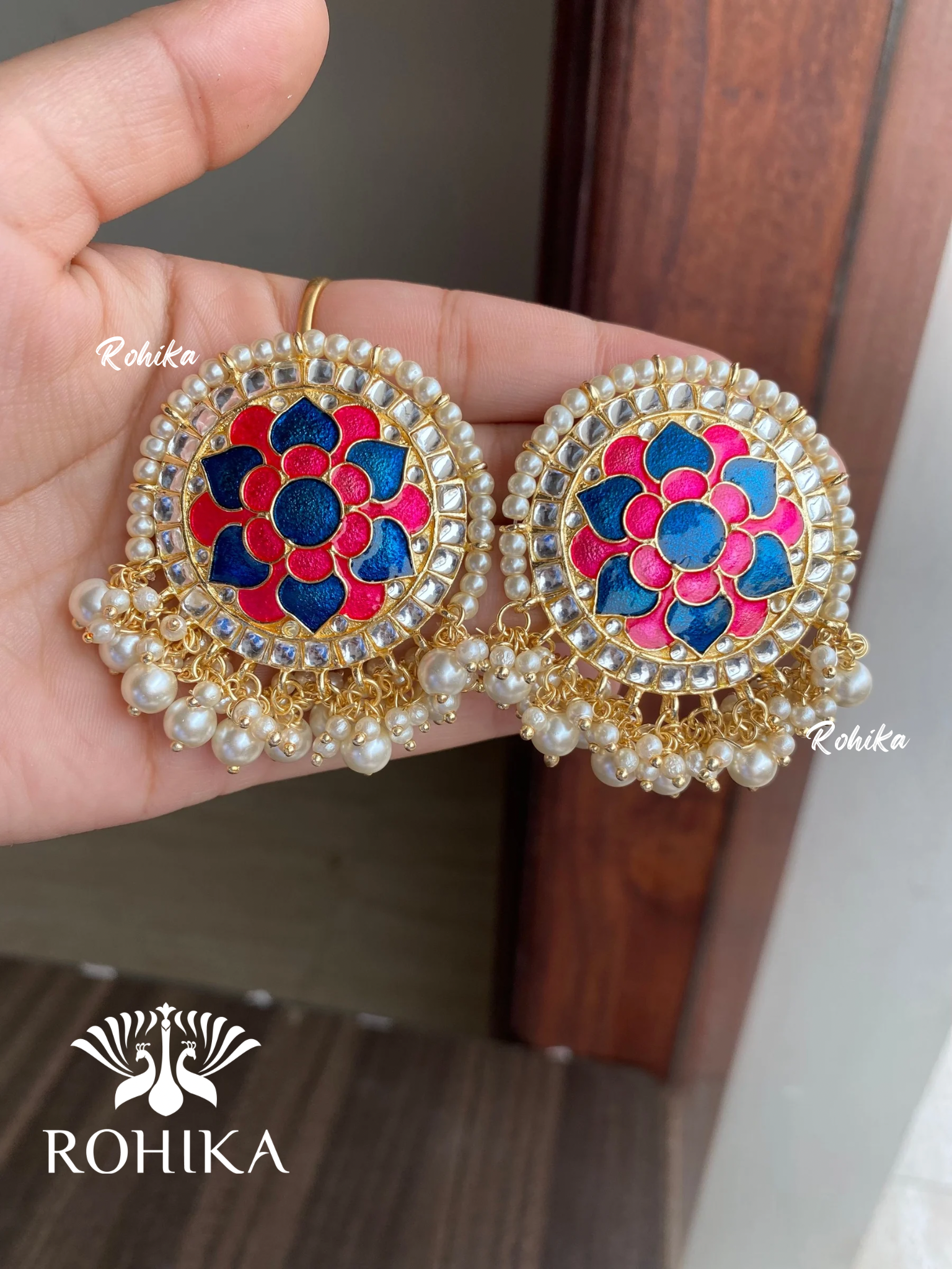 Khushi kundan studs - Pink and navy blue