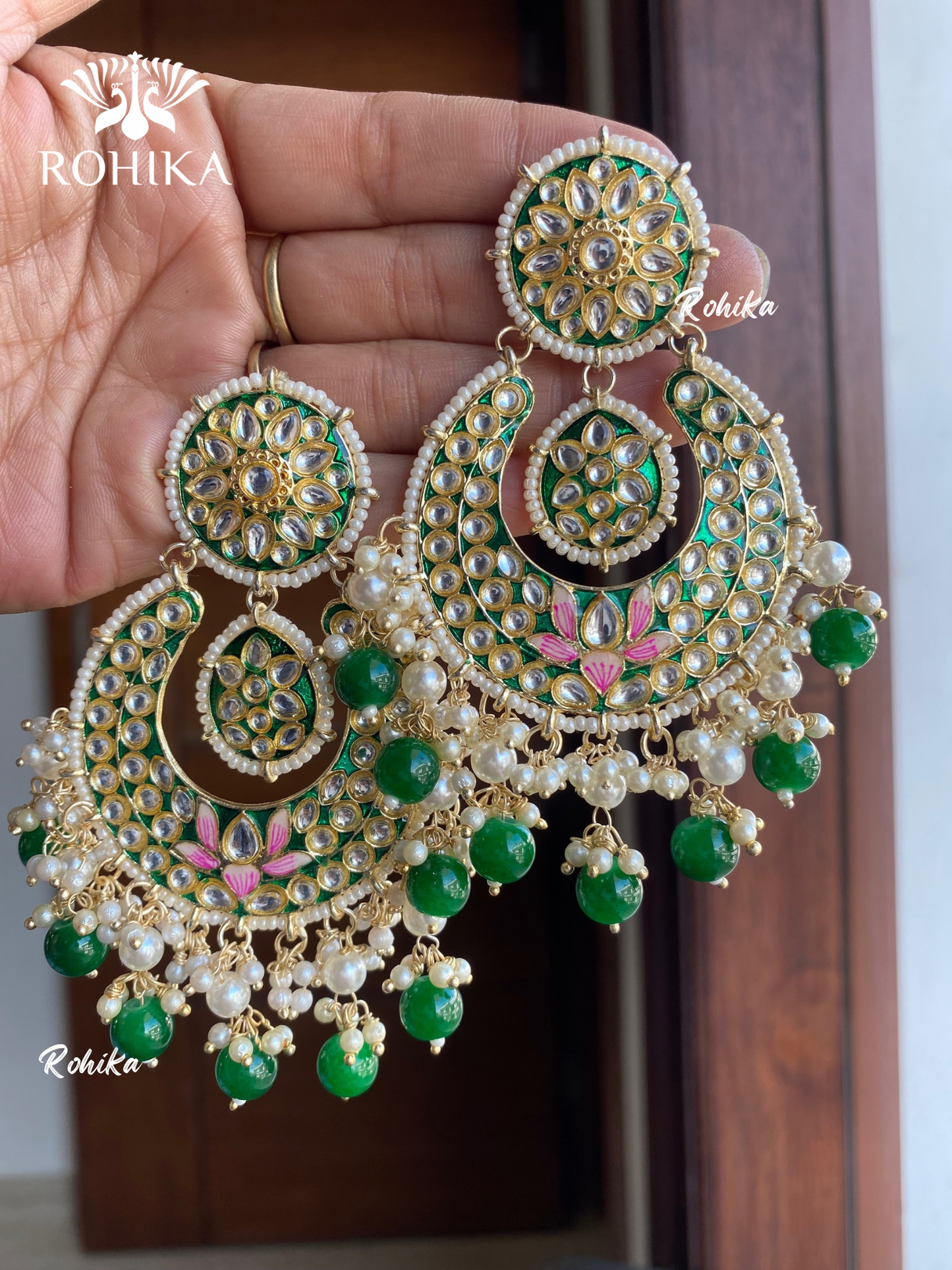 Sudha meenakari chandbali earrings - Dark green