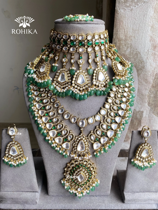 Sehra polki kundan bridal combo set - Mint green