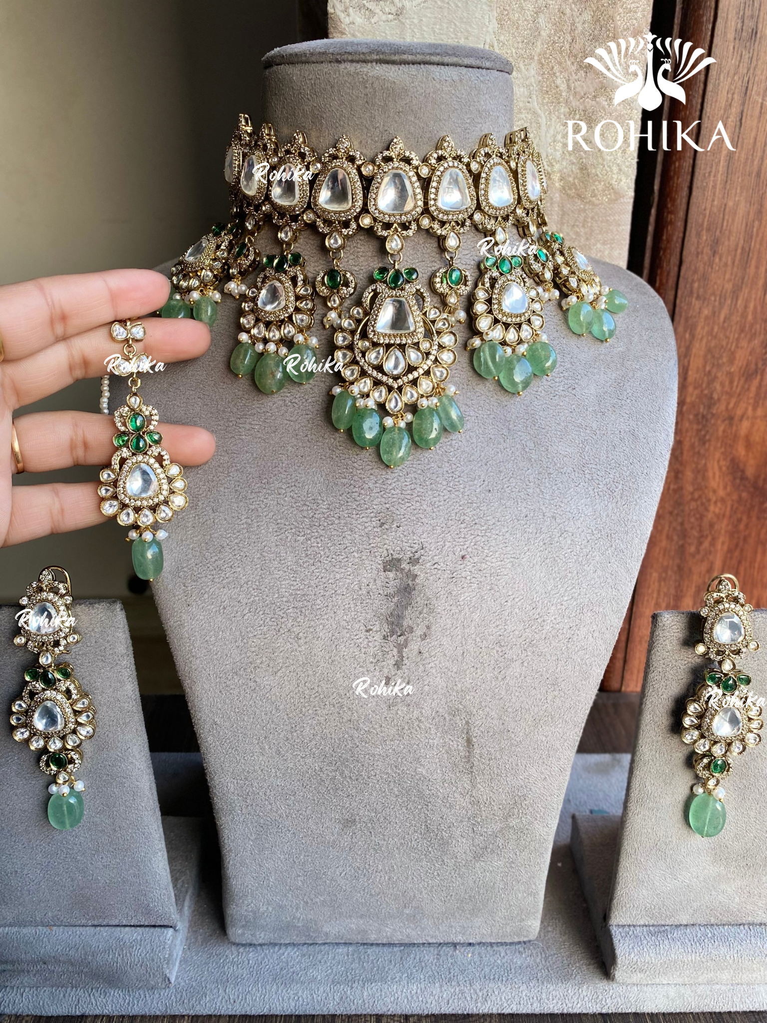 Visha polki kundan choker set - Mint green