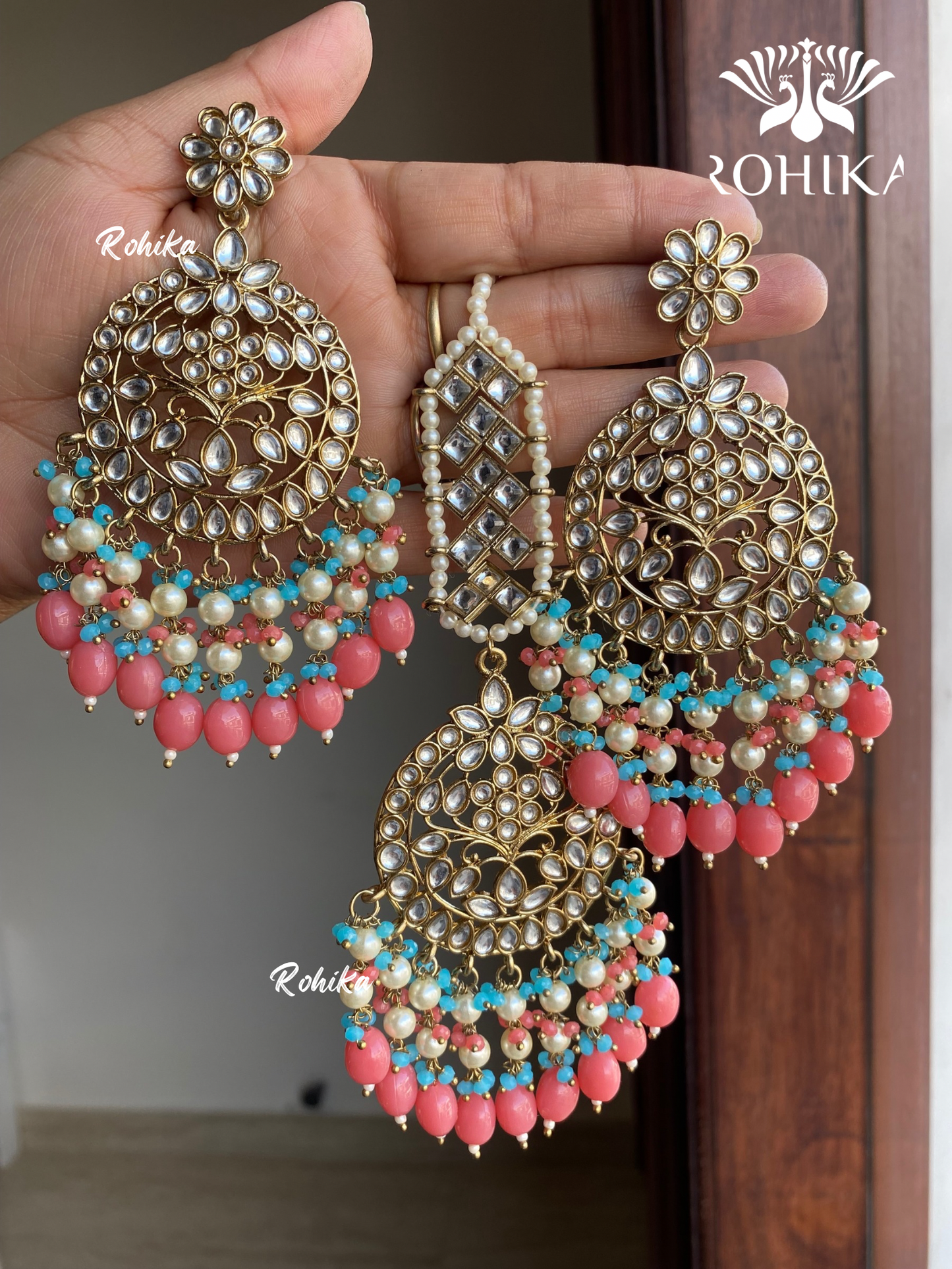 Sapna earrings and maangtikka combo - Pink