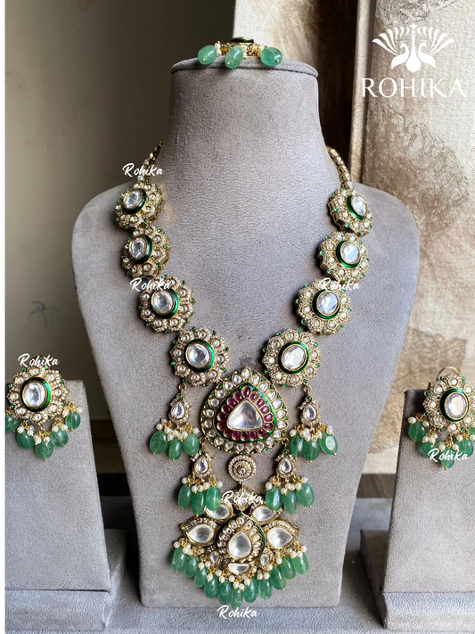 Athiya polki kundan long necklace set - Green