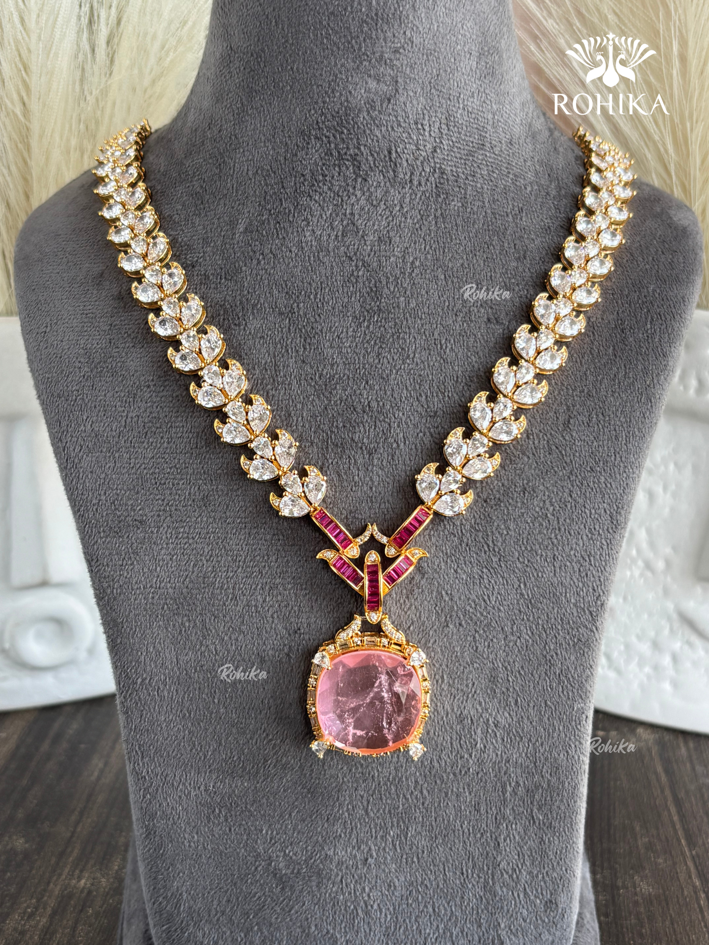 Farah AD Doublet Long Necklace Set - Pink