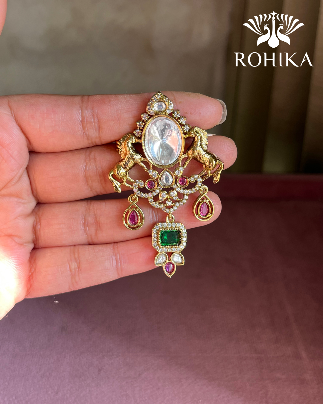 Polki Kundan Brooch (BR-012) - Ruby Red and Green