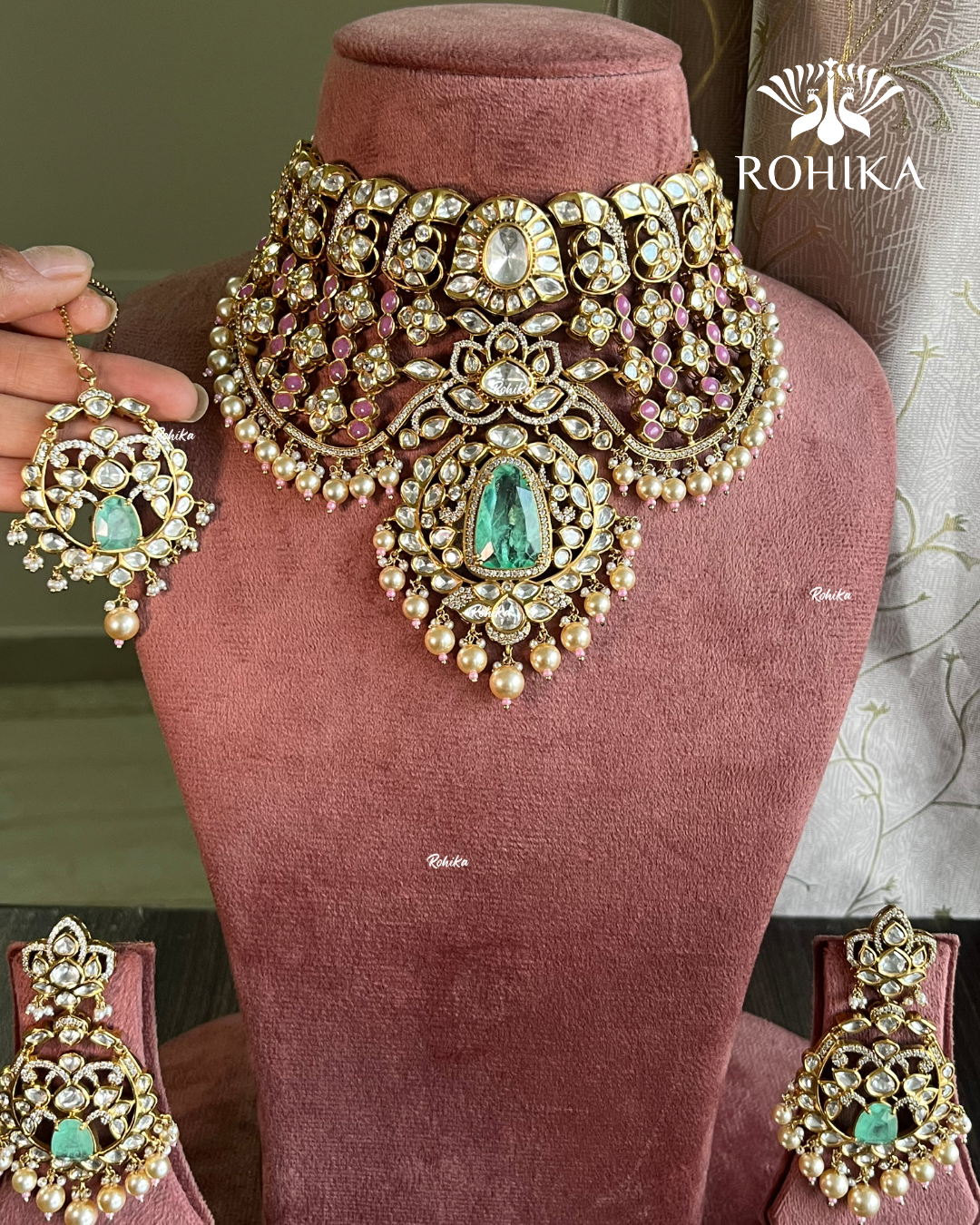 Vamika moisanite Bridal choker set - Mint & Pink