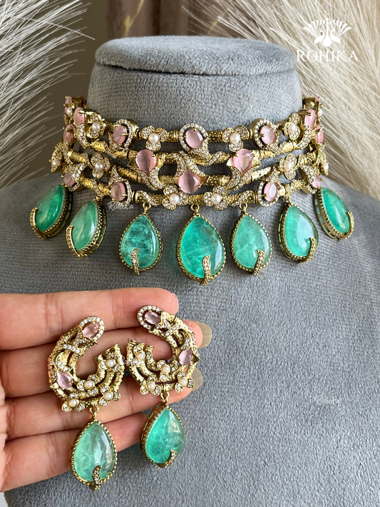 Floral choker set - Pink & mint green