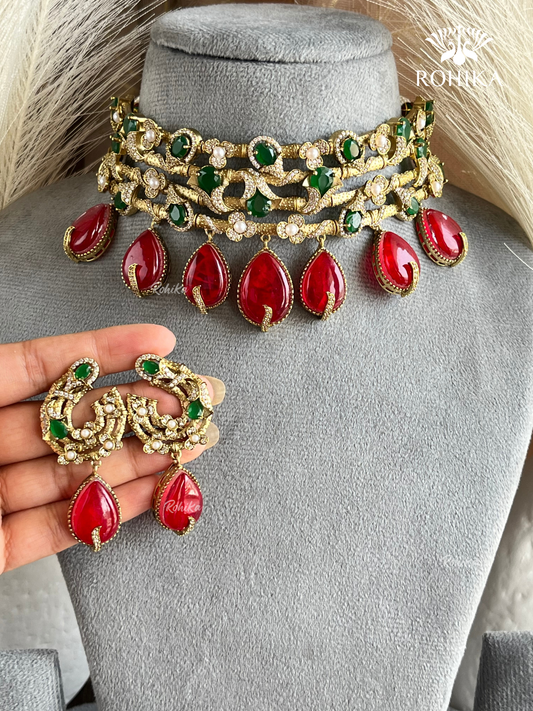 Floral choker set -  Dark green & ruby red