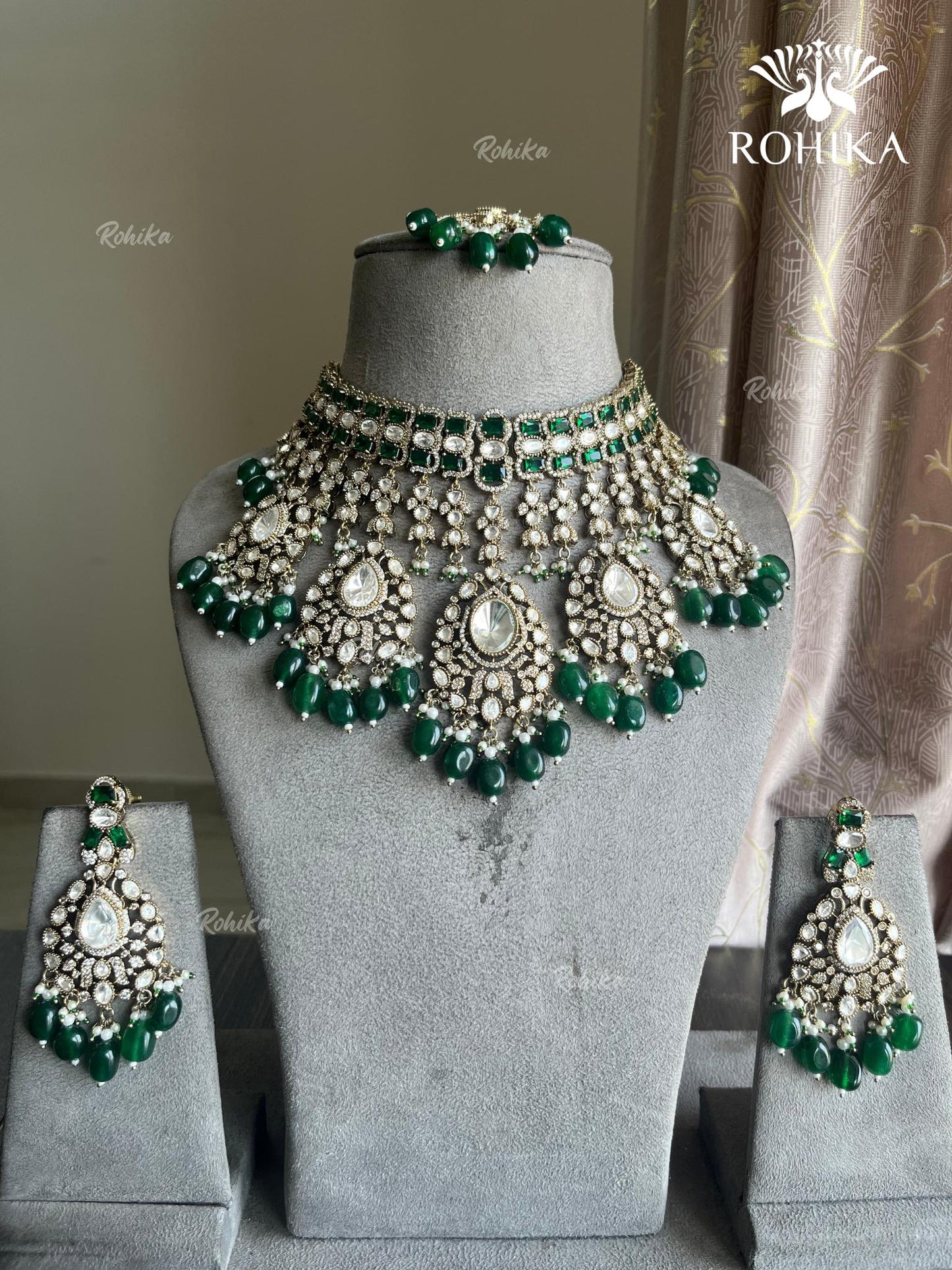 Anokhi Polki Kundan Bridal Necklace Set - Dark green