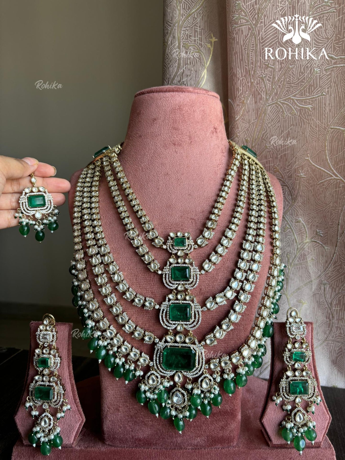 Alani Polki Kundan Long Bridal Necklace Set - Dark Green