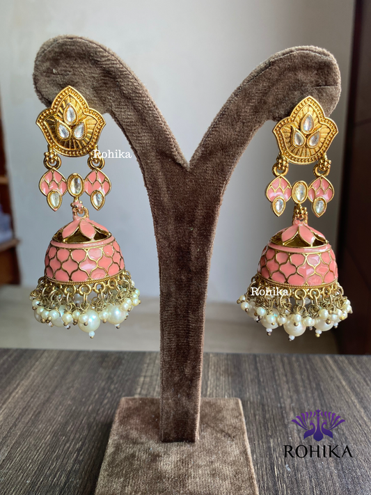 Blossom meenakari jhumka - Pink