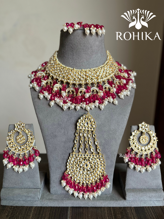 Shaheen Dabi Kundan bridal necklace set - Dark Pink