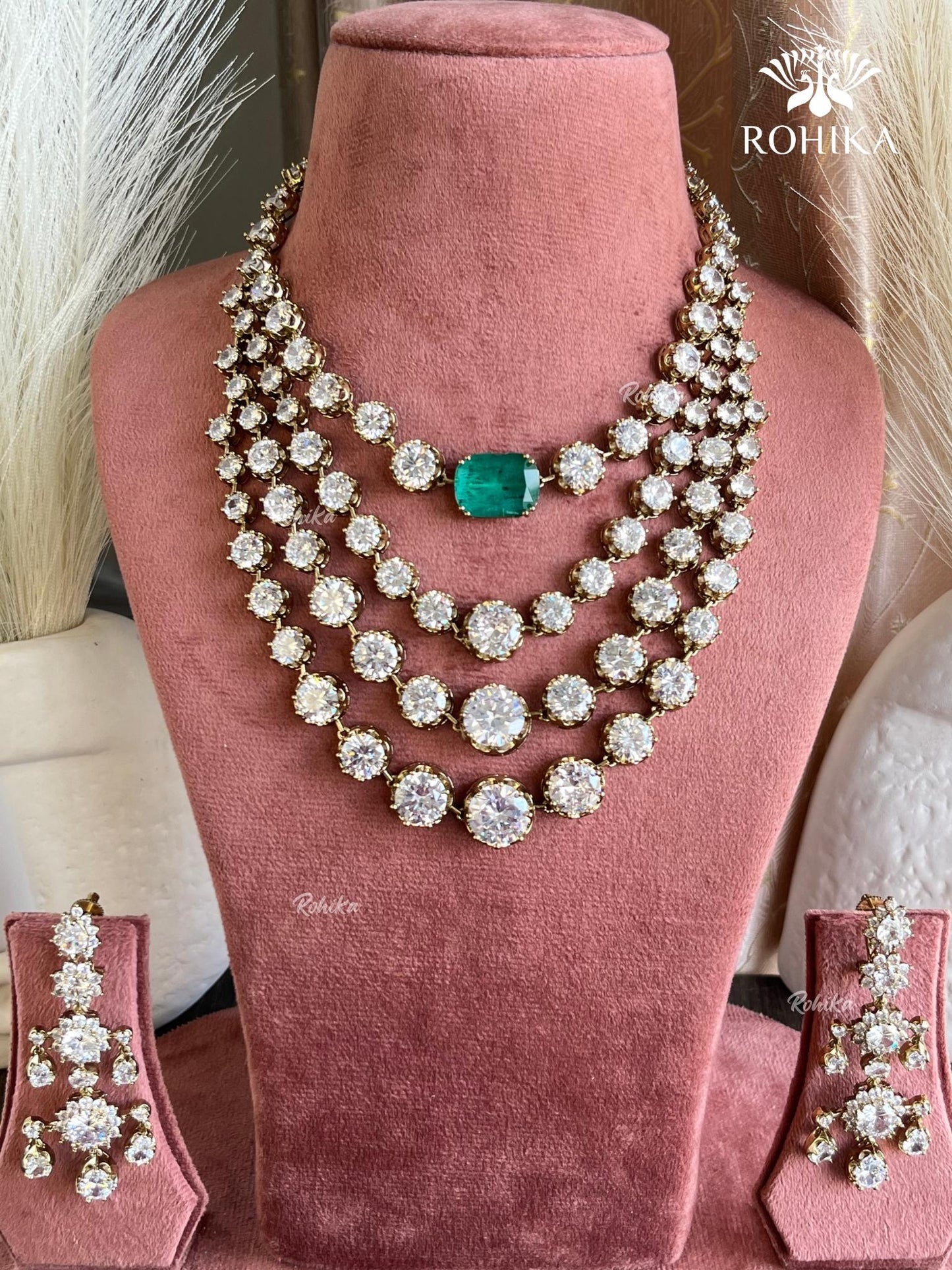 Isha doublet american diamond necklace set - Dark green