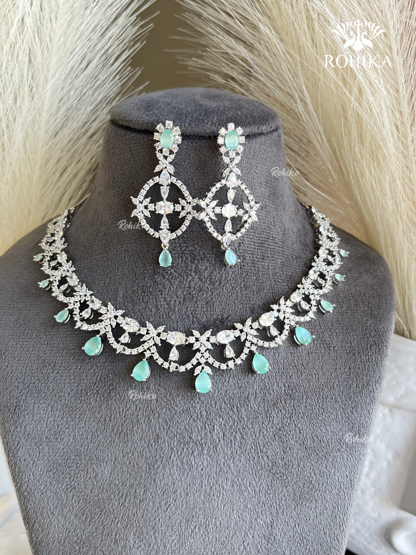 Hinaya American diamond necklace set - Mint green