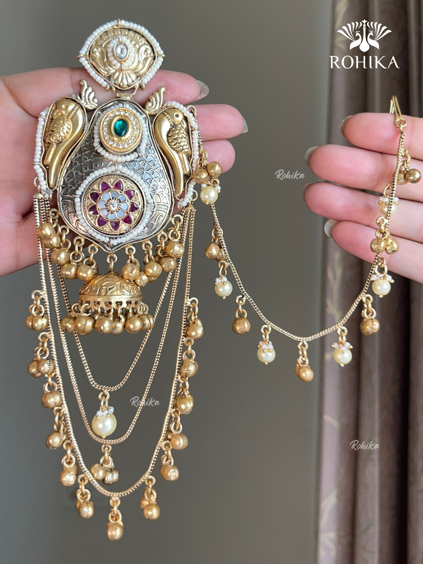 Piya polki  jhumka earrings with earchains(EE-005)- Dark green and Ruby Red