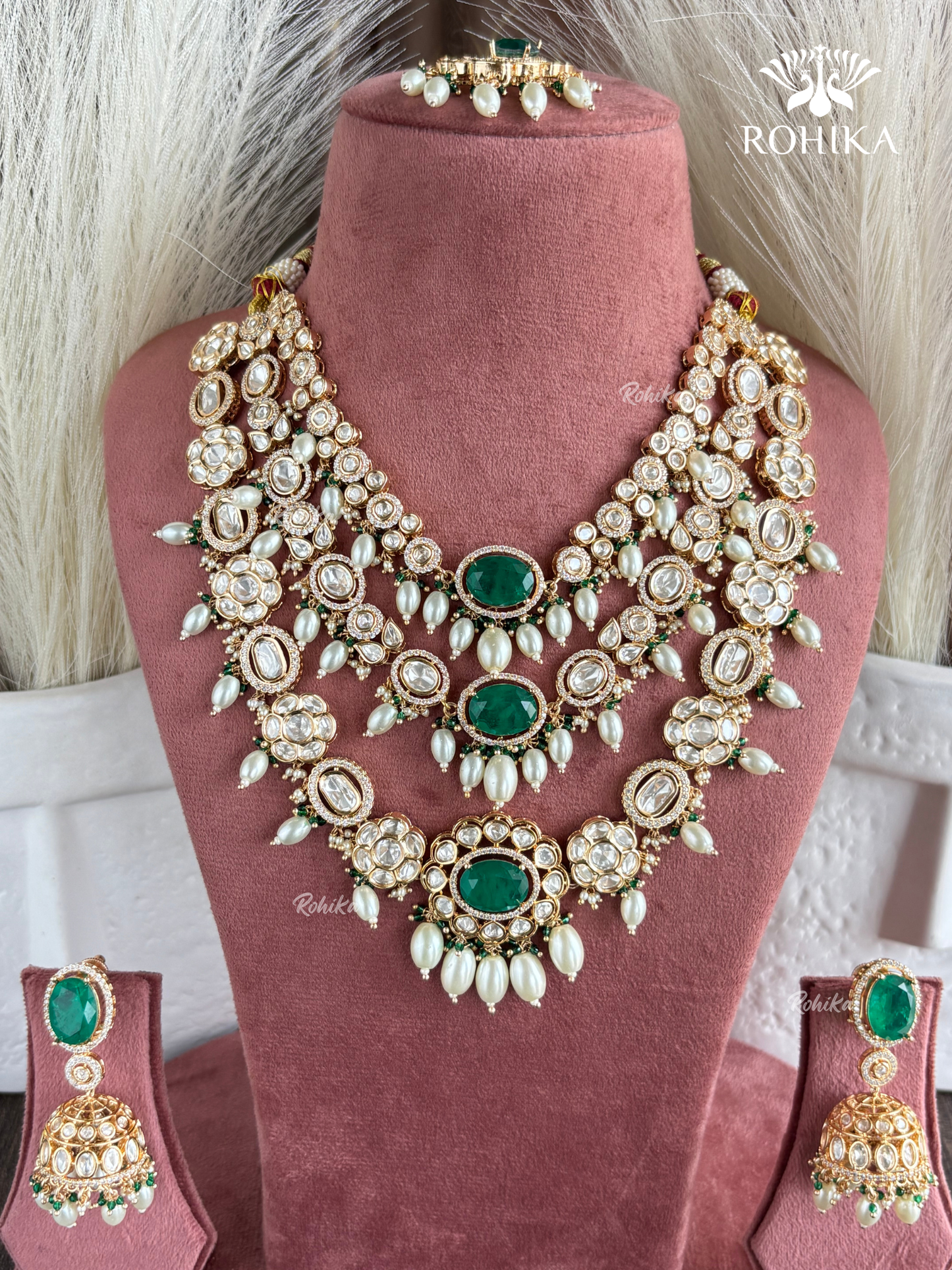 Aarvi Polki kundan long necklace set - Green