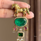 Polki Kundan Brooch (BR-019) - Green and ruby red