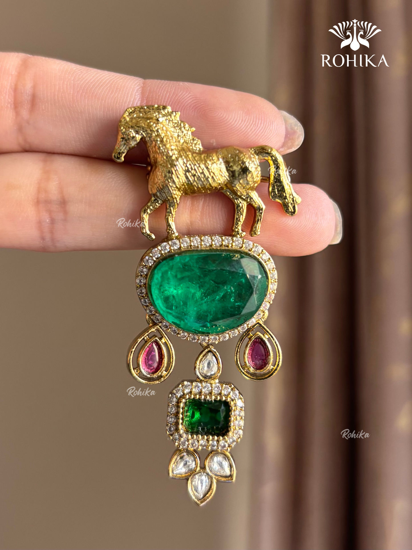 Polki Kundan Brooch (BR-019) - Green and ruby red