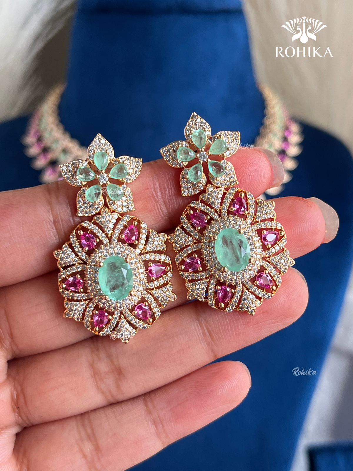 Sarisha AD doublet necklace set - Pink & Mint Green
