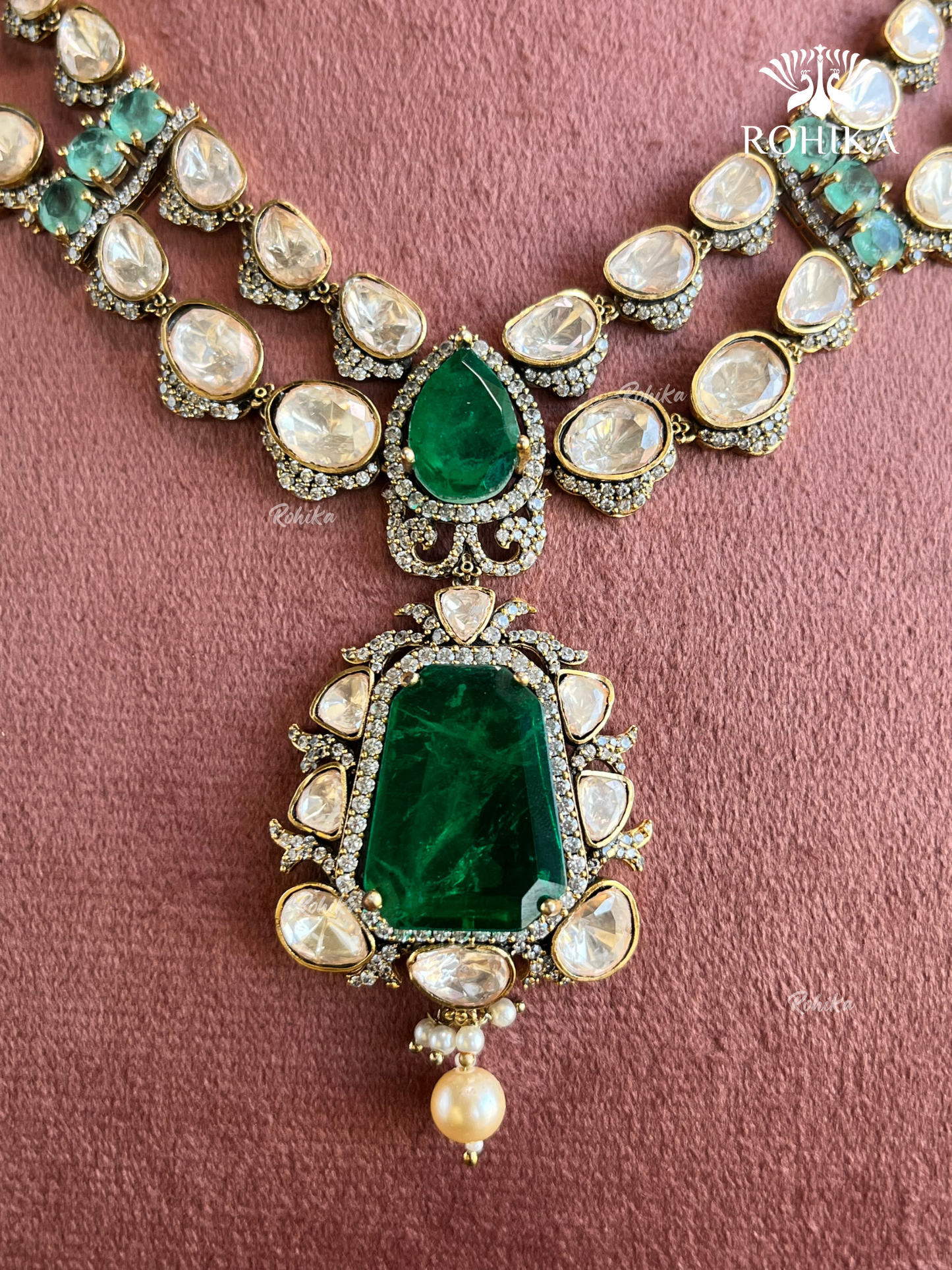 Varnika moisanite necklace set -Dark Green