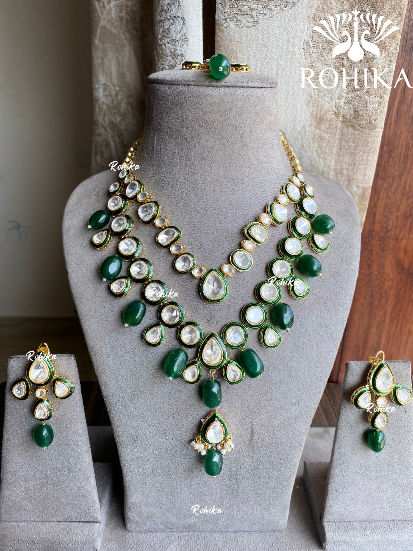 Oorja moisanite necklace set - Dark green