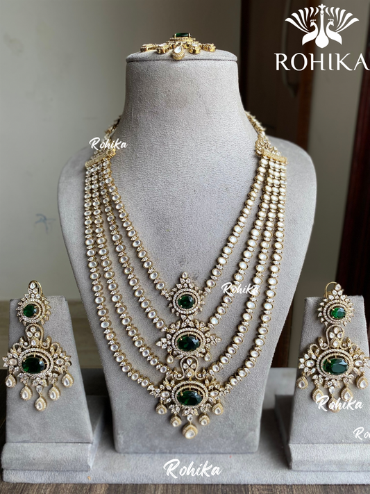 Heena kundan long necklace set - Dark green