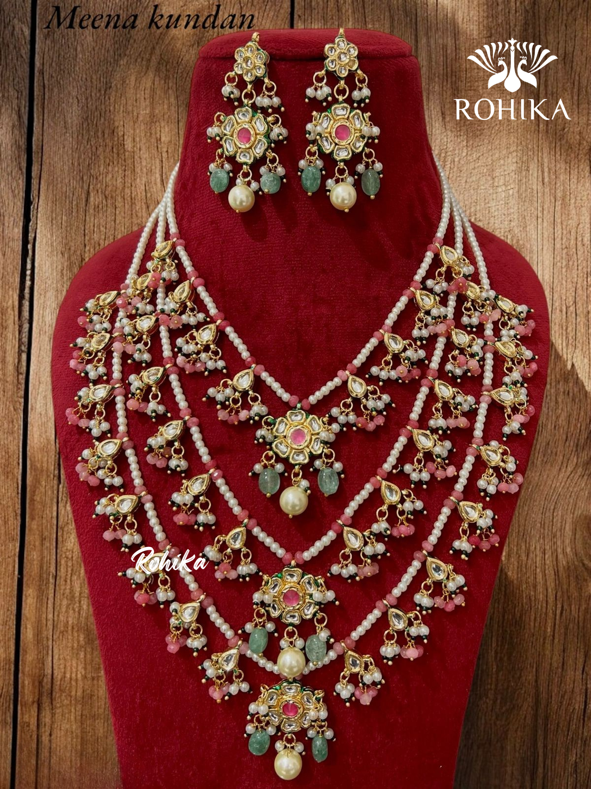 Ananta kundan necklace set (N-009)- Pink and mint green - Rohika store