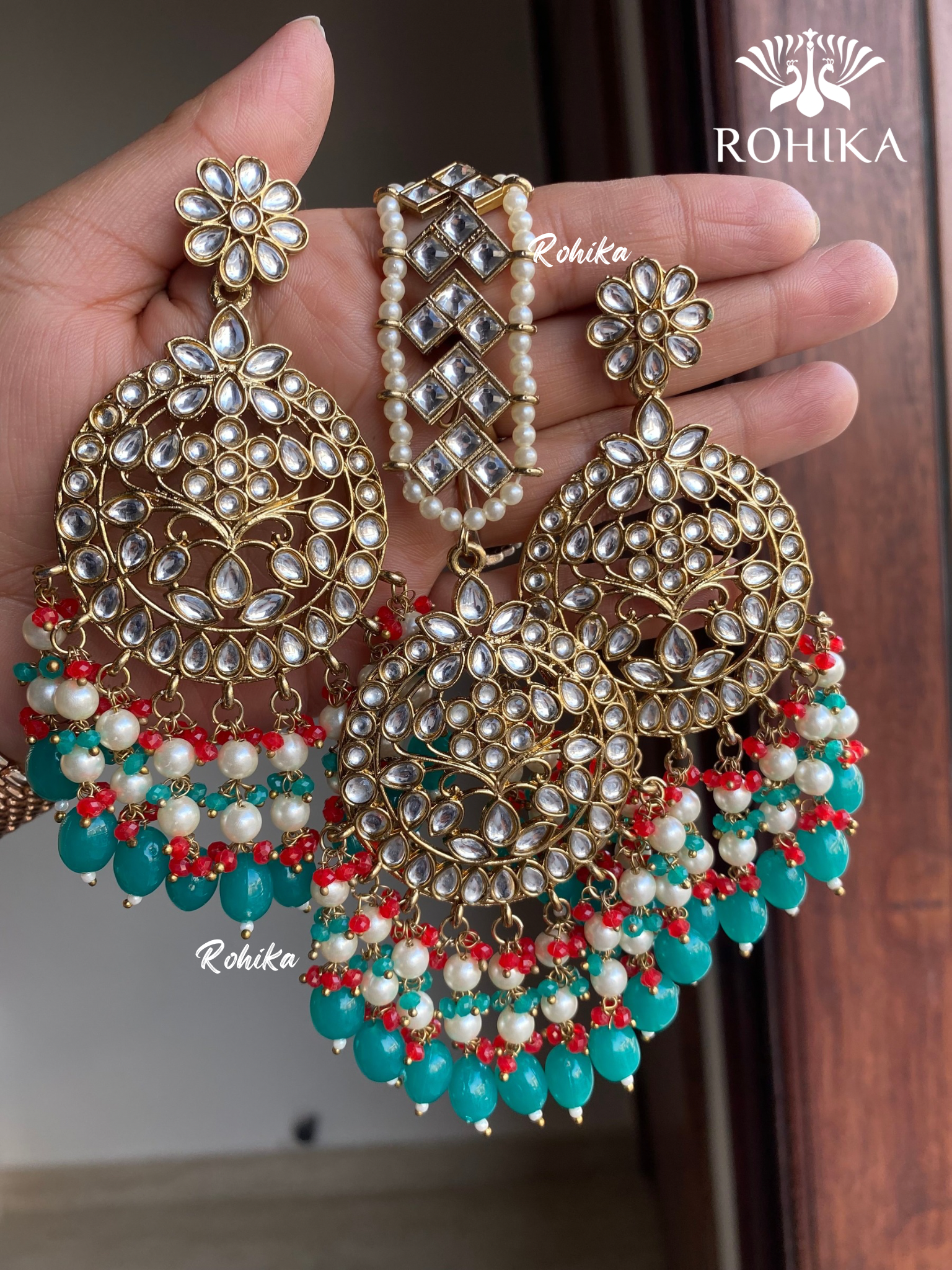 Sapna earrings and maangtikka combo - Dark Green