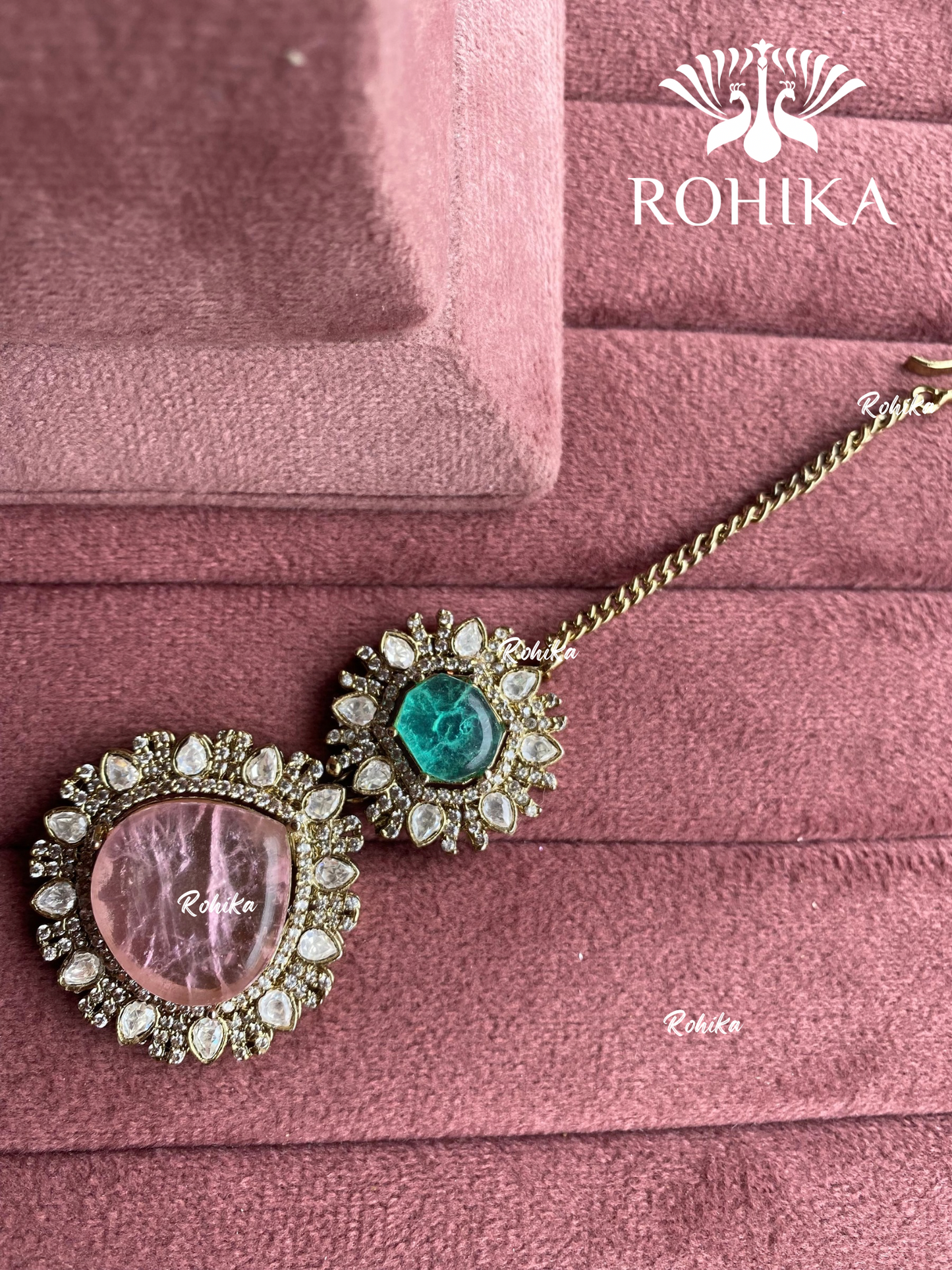 Siya doublet stone maangtikka - Mint Green & pink