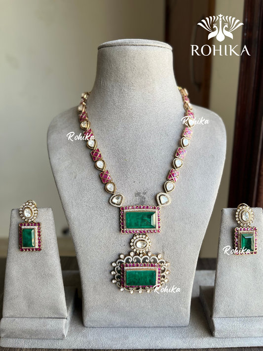 Kashish moisinite kundan long necklace set - Green