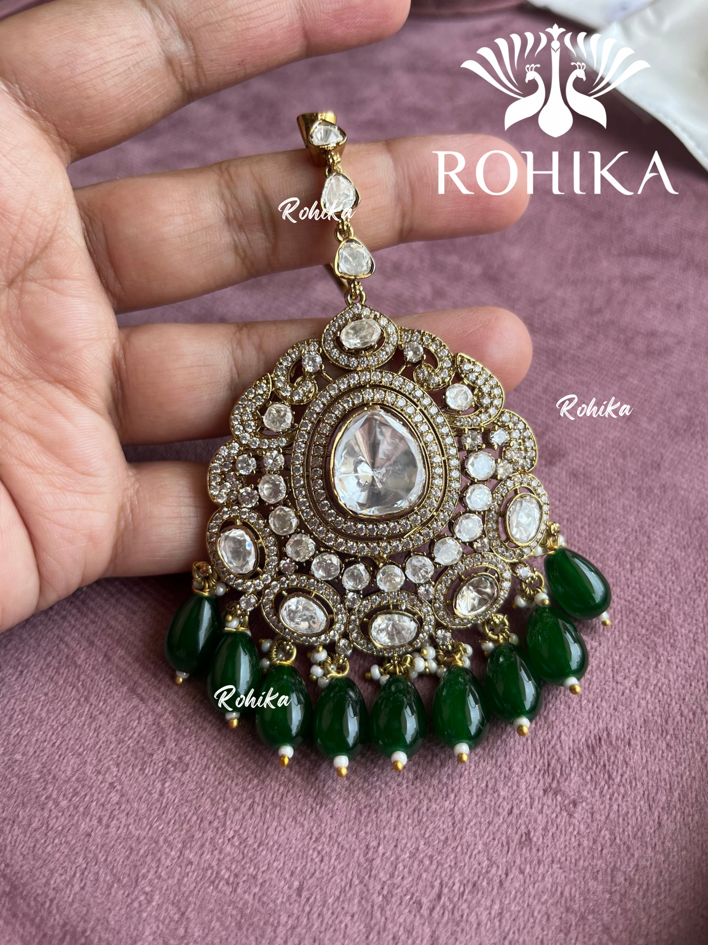 Miya moisinite kundan maangtikka - Dark green