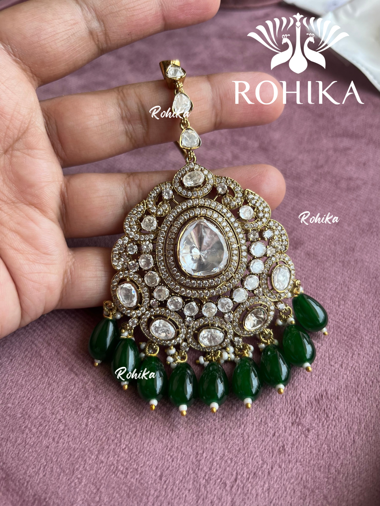 Miya moisinite kundan maangtikka - Dark green