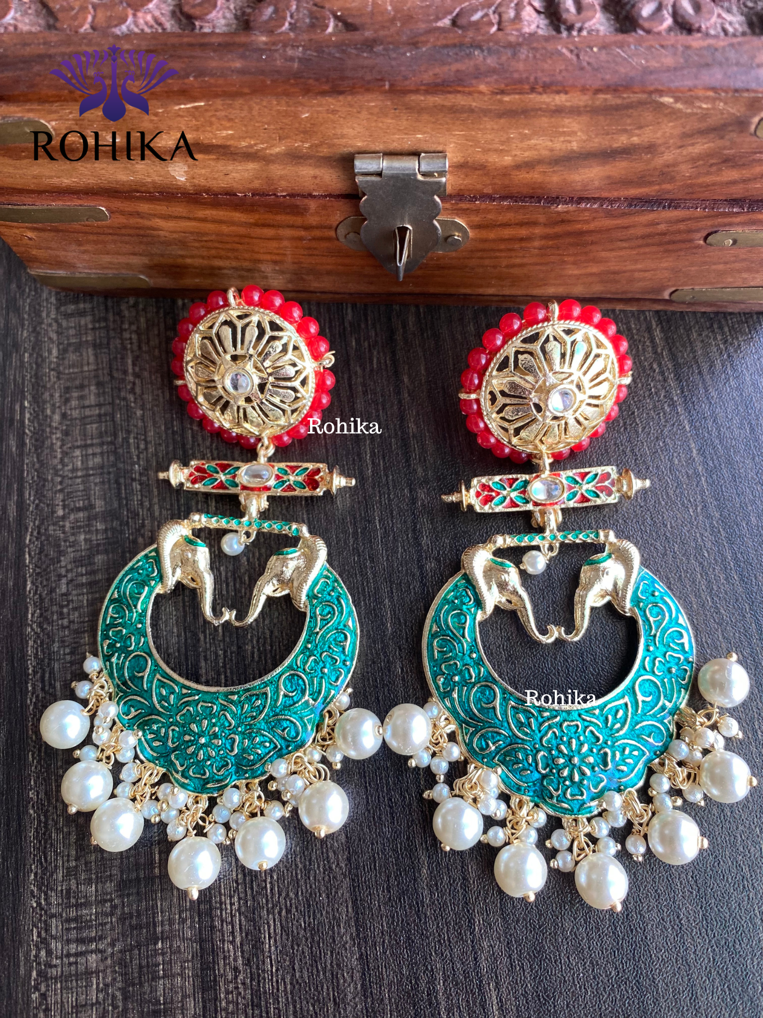 Gaja meenakari earrings - Dark Green