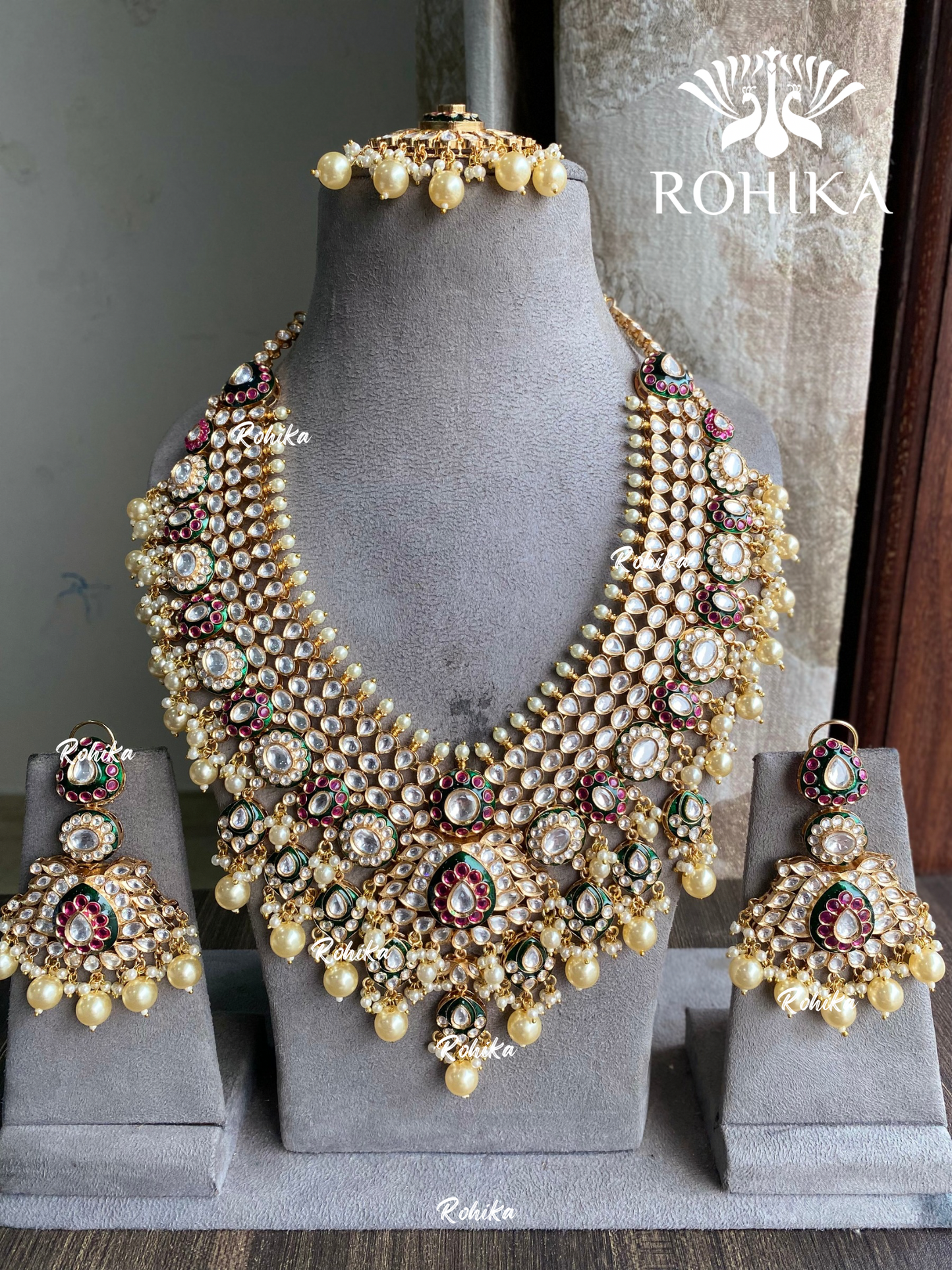 Aangan bikaneri polki kundan long necklace set - Green and Ruby