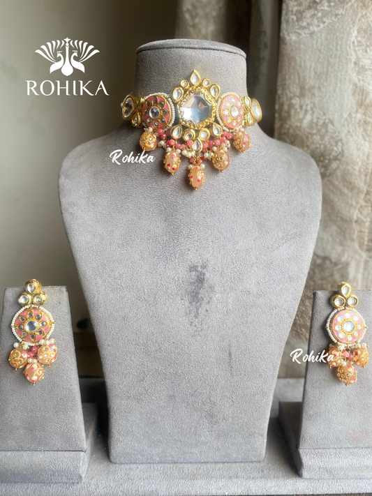 Kirti meenakari kundan necklace set - Peach