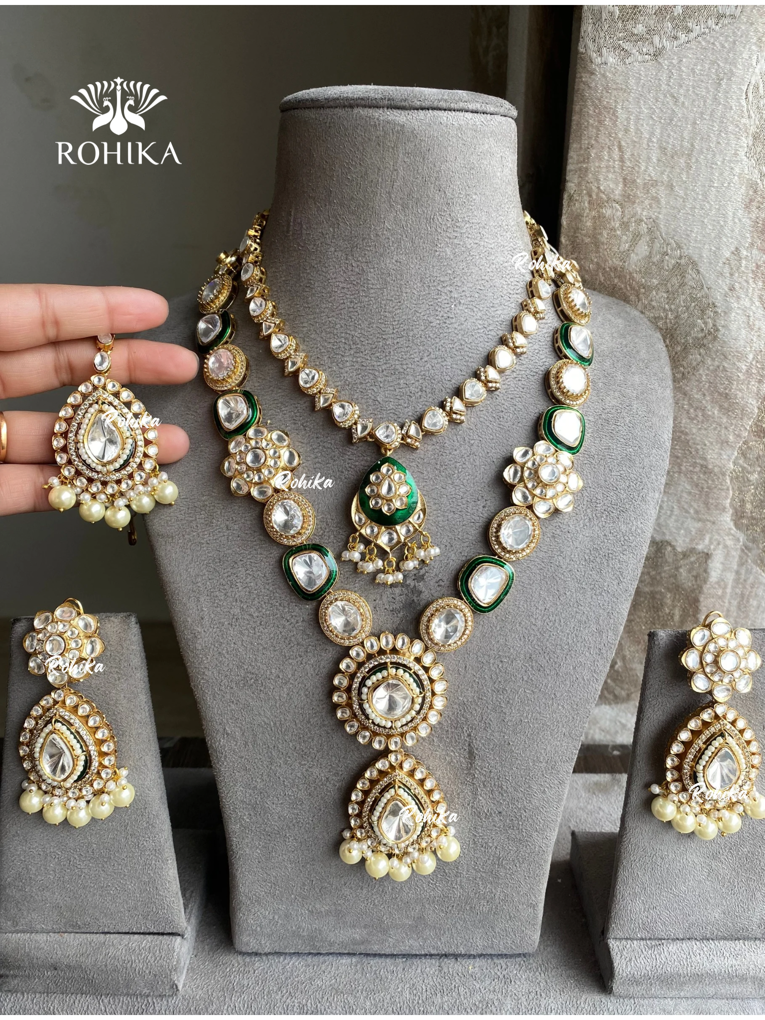 Poorna polki kundan necklace set - Dark Green