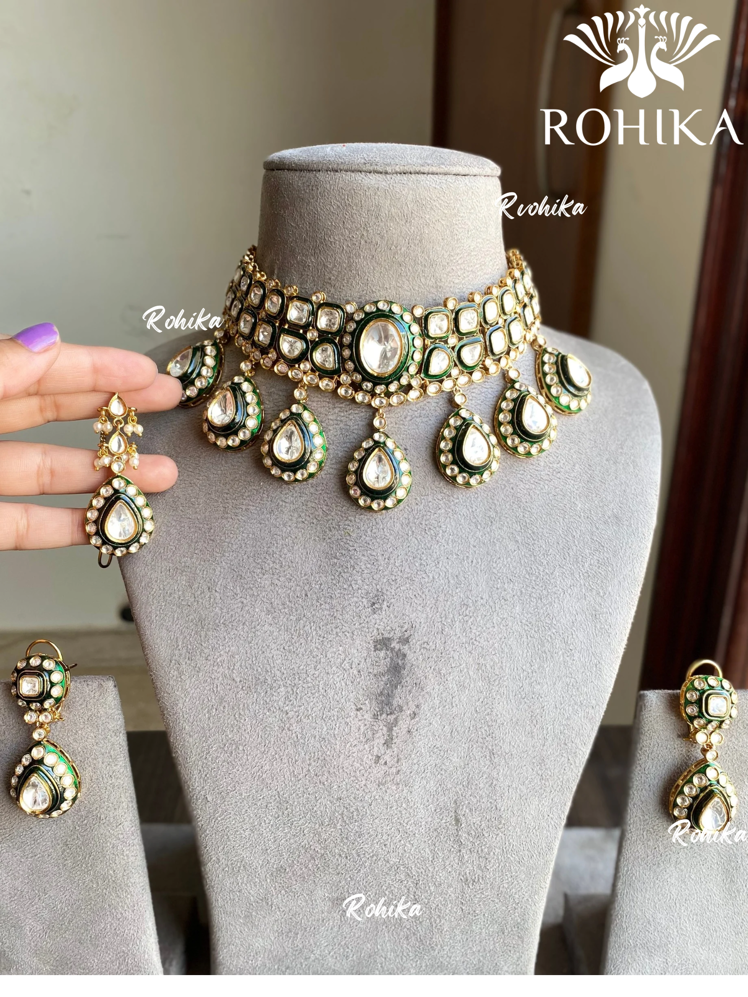 Yami kundan necklace set - Green