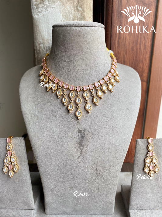 Aashi polki kundan necklace set - Pink