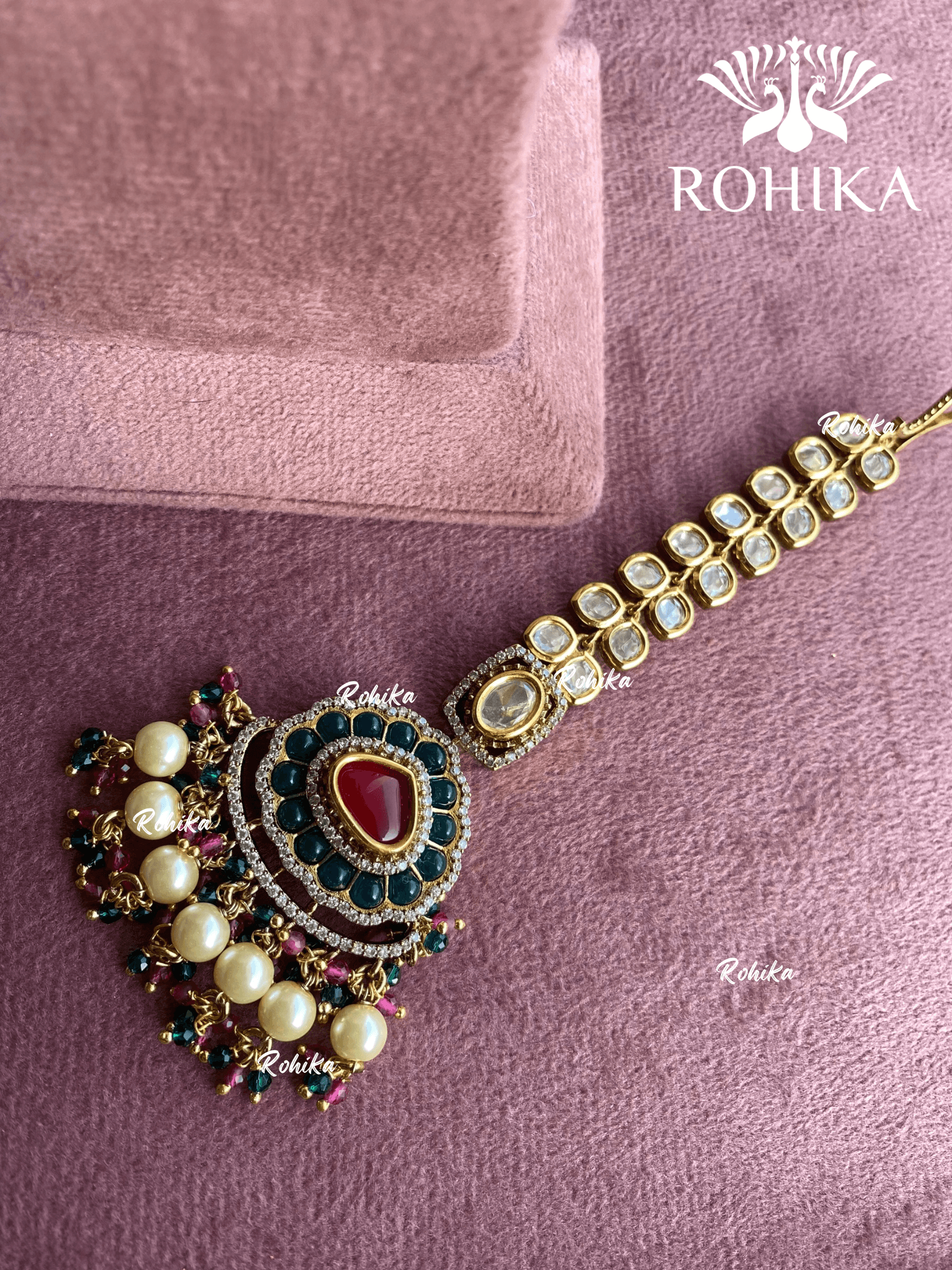Moisanite maangtikka (017) - Pink & green - Rohika Store