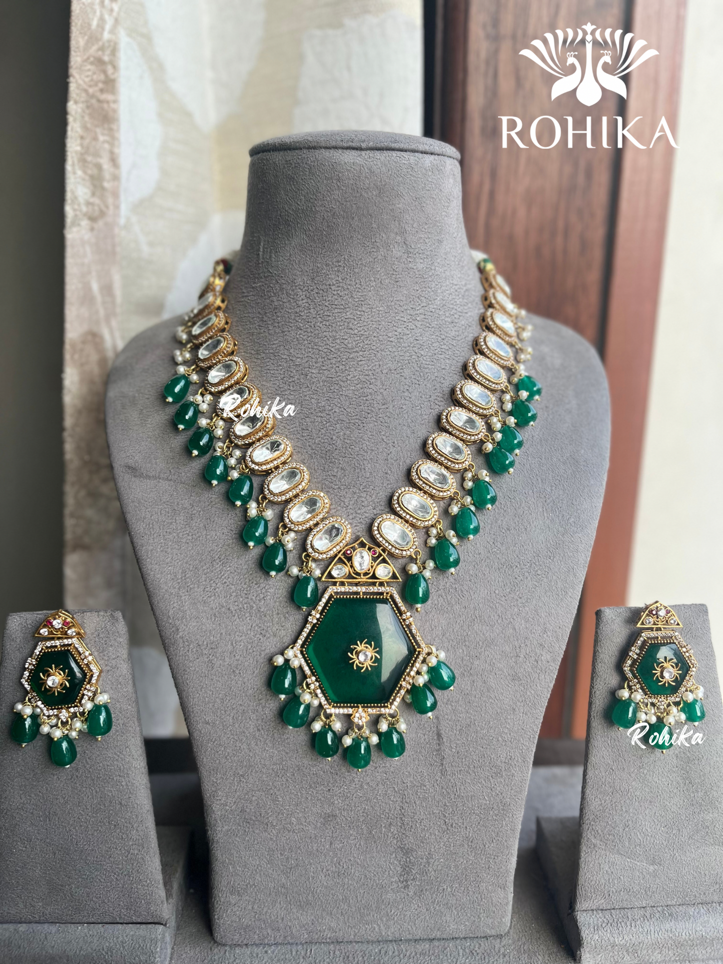 Aman polki kundan necklace set - Green