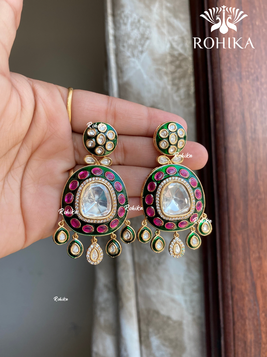 Dhara bikaneri kundan earrings - Green & pink