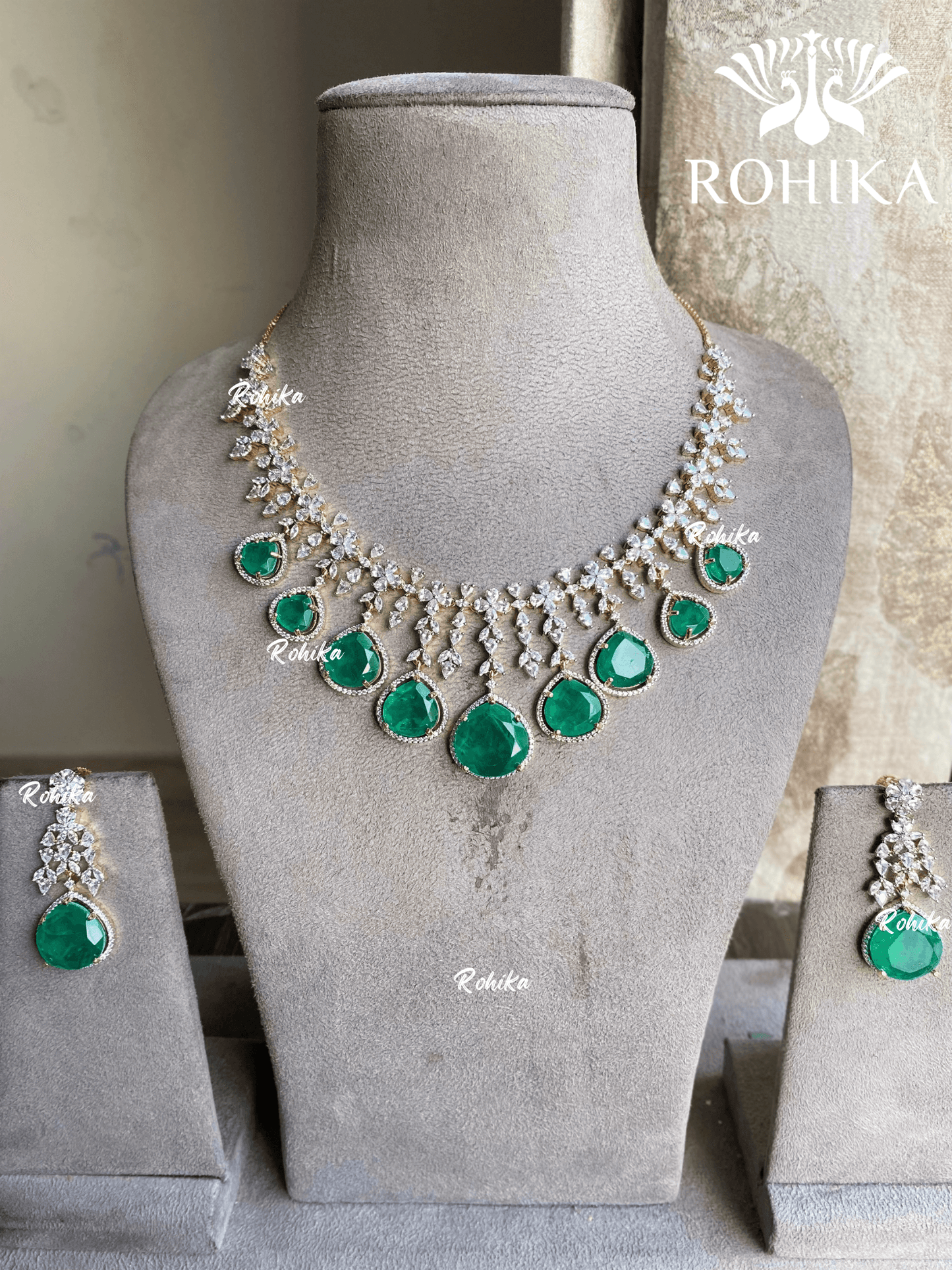 Nish American diamond necklace set - Dark green - Rohika Store
