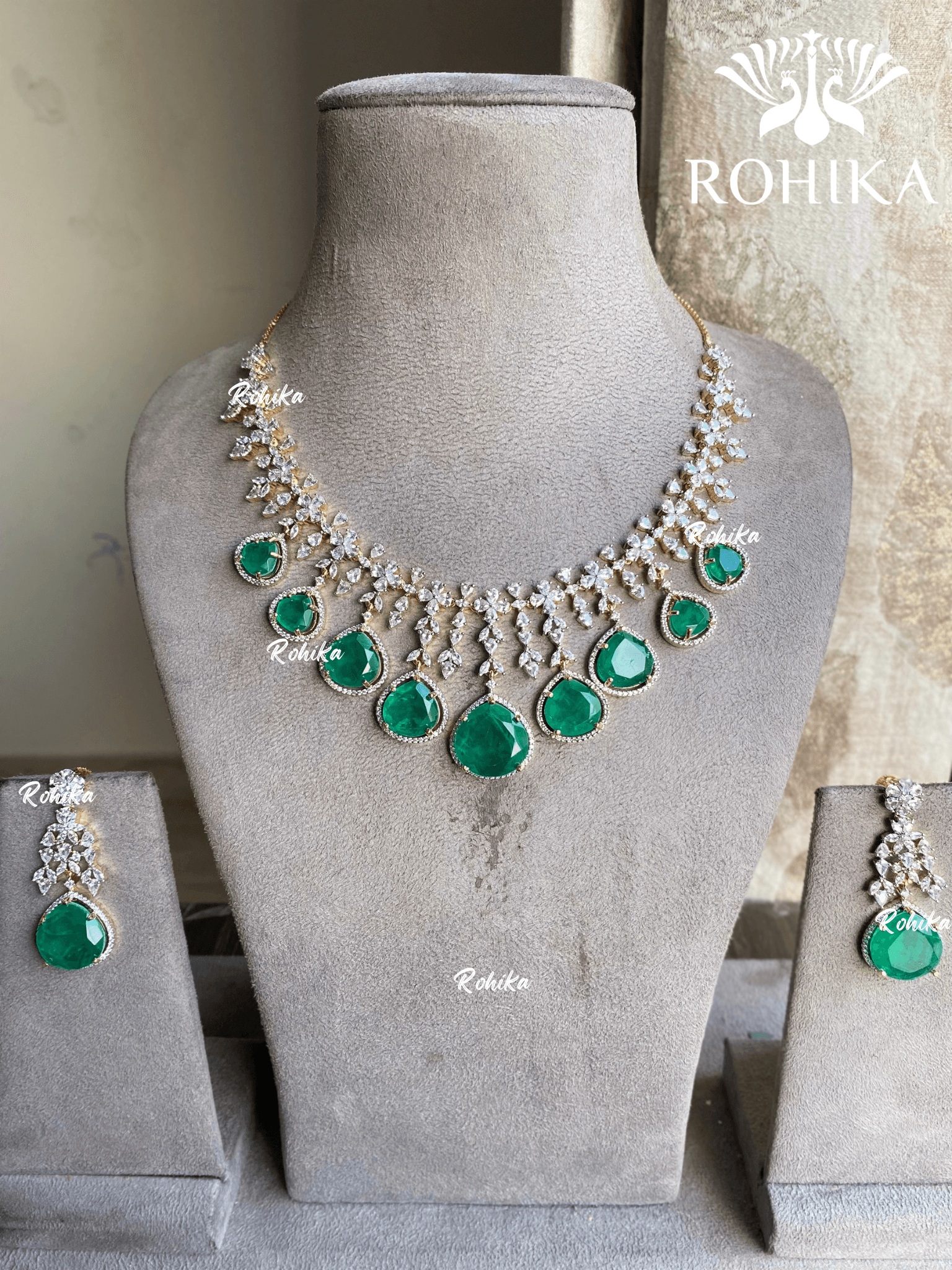 Nish American diamond necklace set - Dark green - Rohika Store