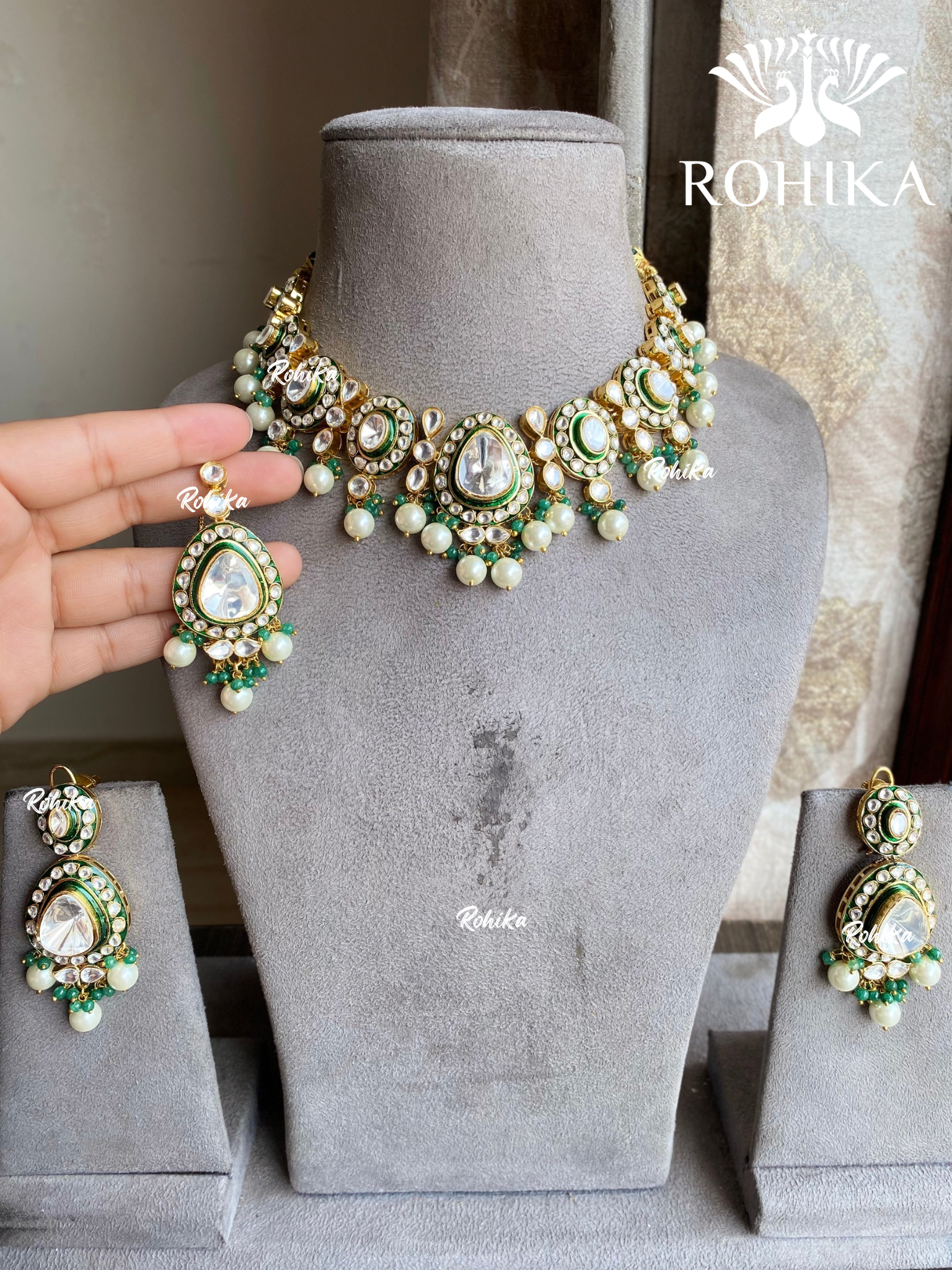 Kaira Polki Kundan Bridal Necklace Set - Green - Rohika store 