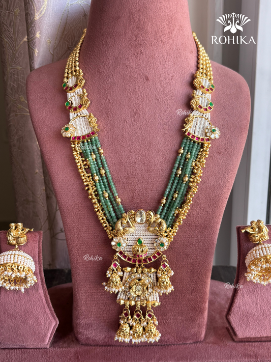 Kalyani Moissanite 22kt Gold Polish Temple Jewellery Set- Mint Green