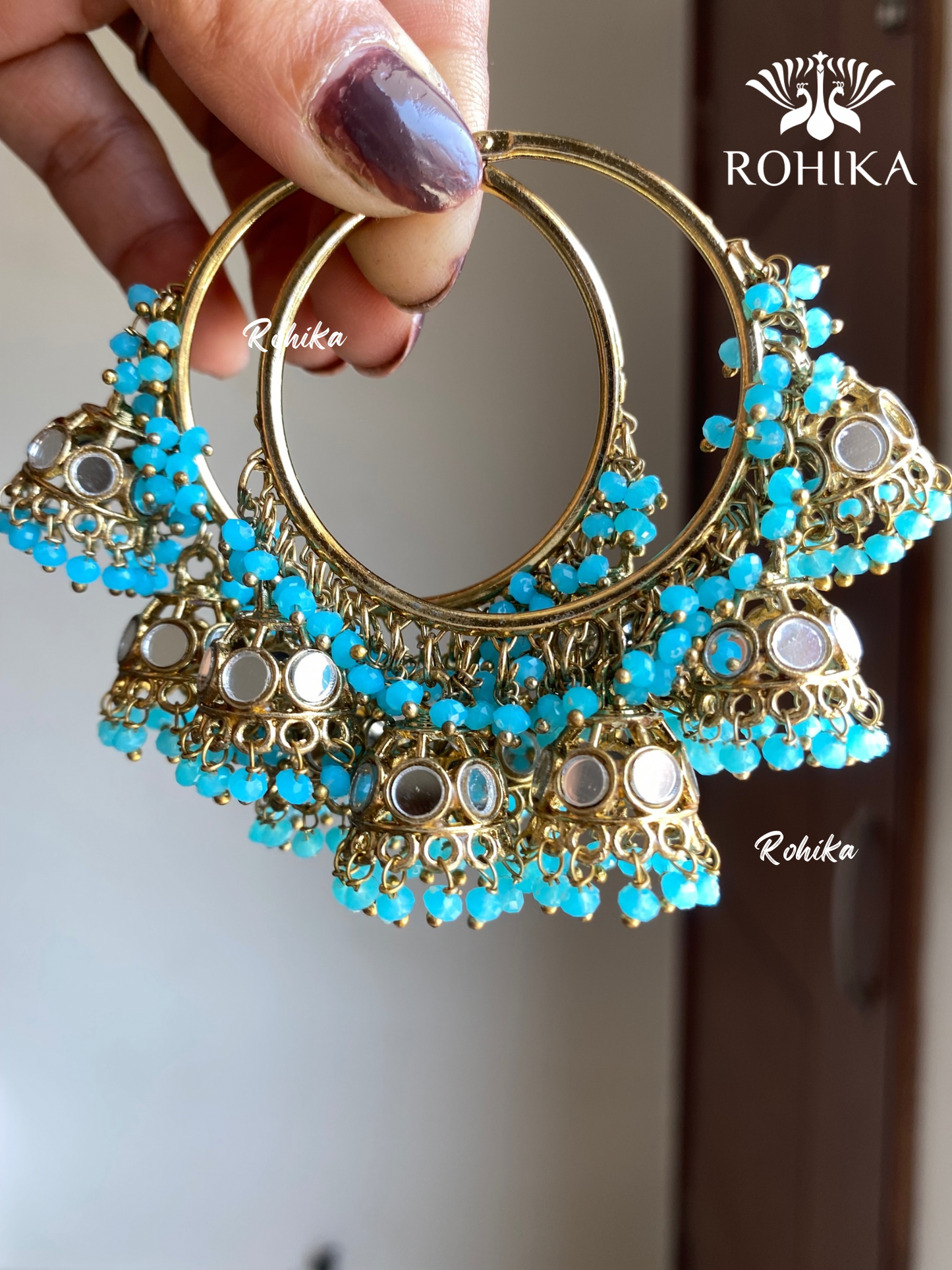 Leena mirror jhumki bali earrings - Sky blue