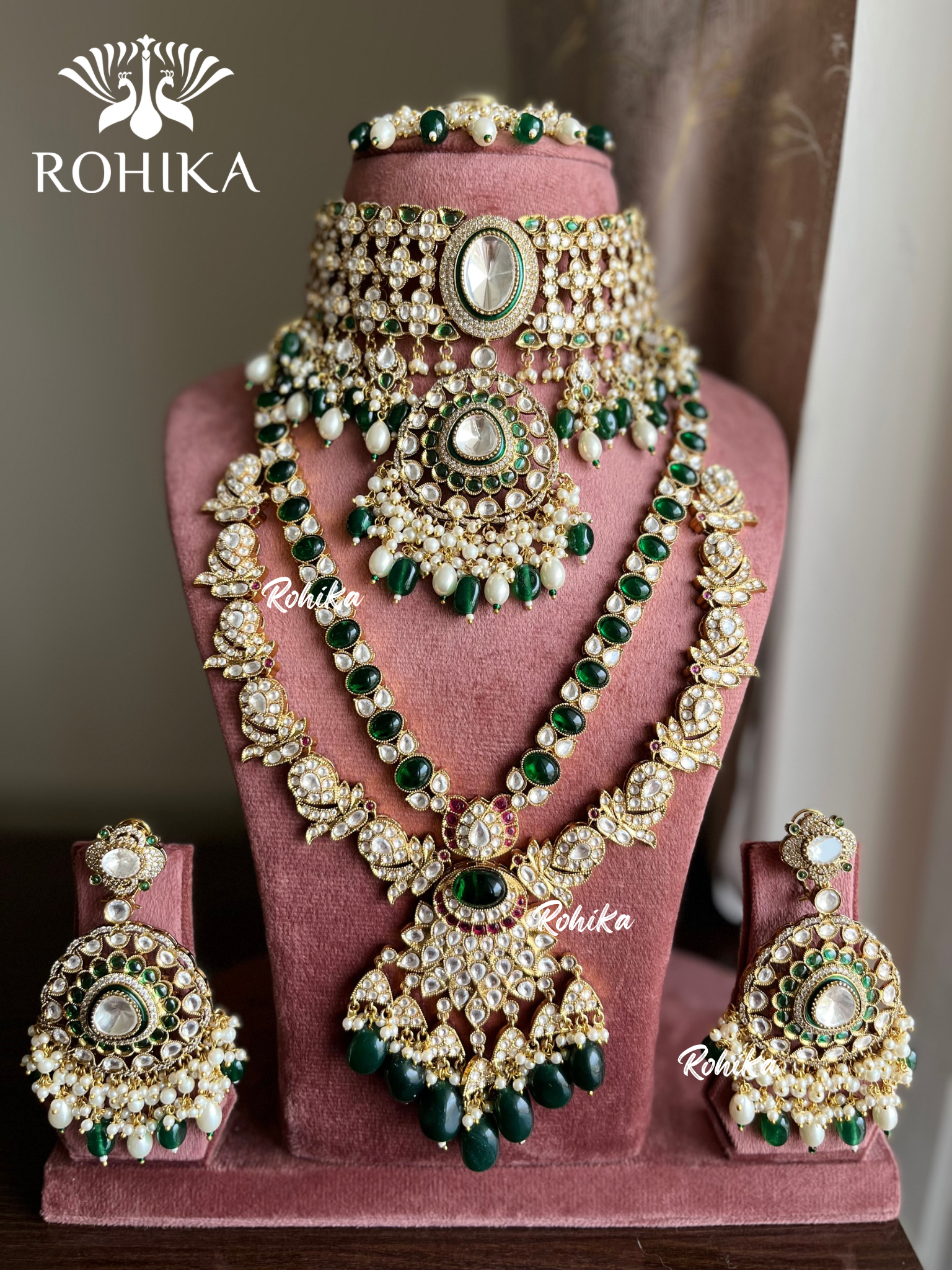 Maitri bikaneri kundan necklace combo set - Dark green