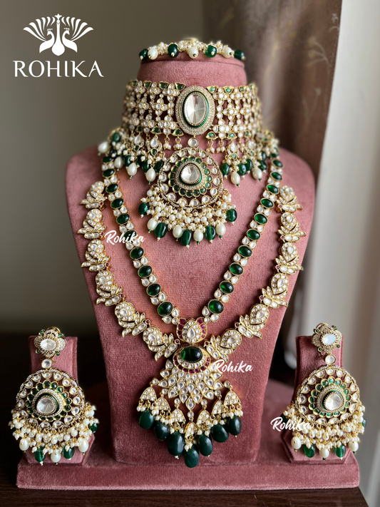 Maitri bikaneri kundan necklace combo set - Dark green