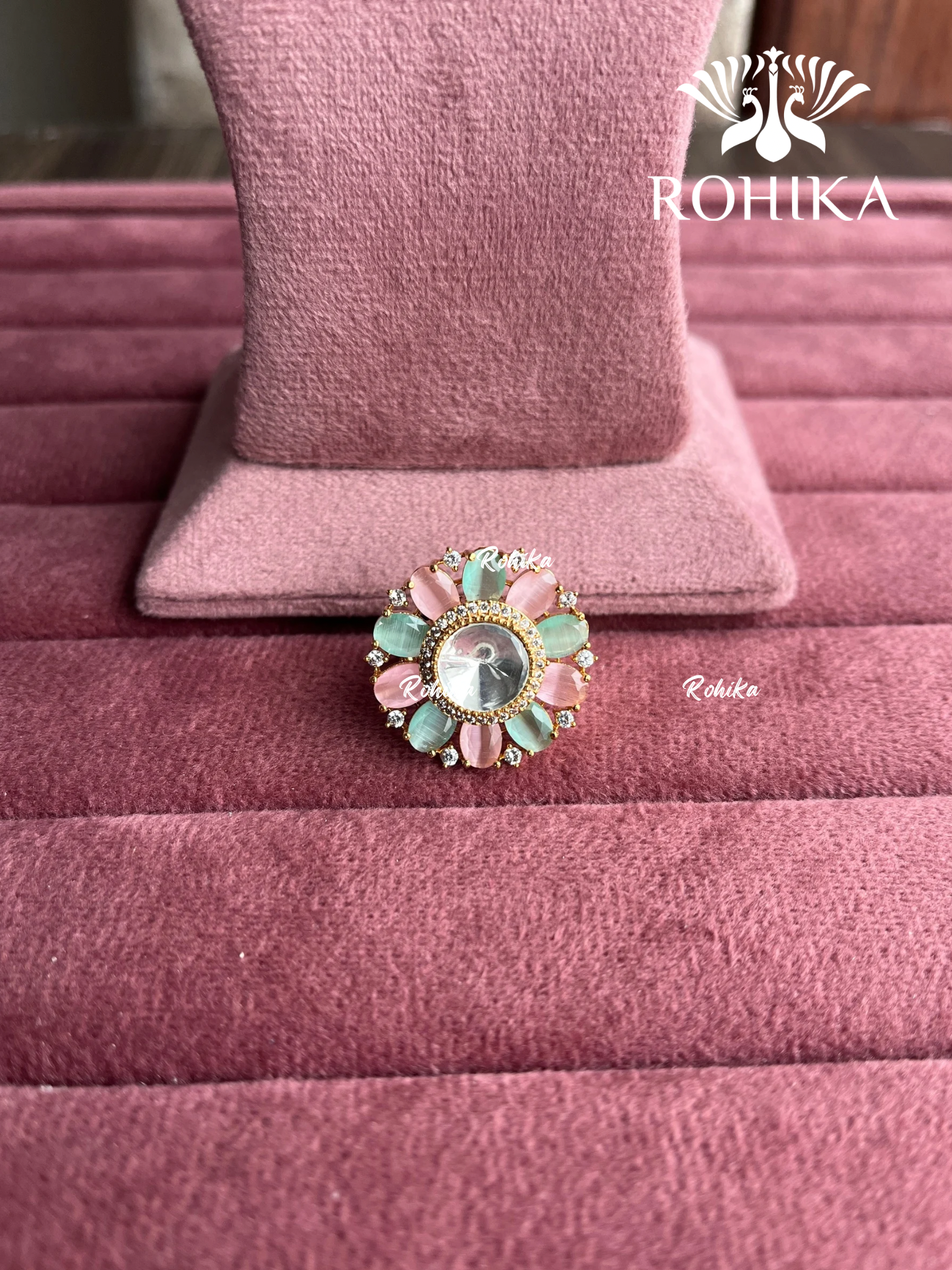 Angana polki kundan ring (SG-094) - Mint green & pink